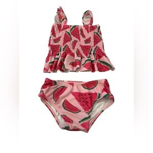 Poppy Kids Co Girl Watermelon Print Smocked Swimsuit Set in size 2T